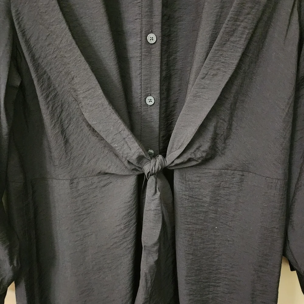 Loft Black Half Button-Up Dress Knot Tie Waist Longsleeves Size 12P - Picture 7 of 7